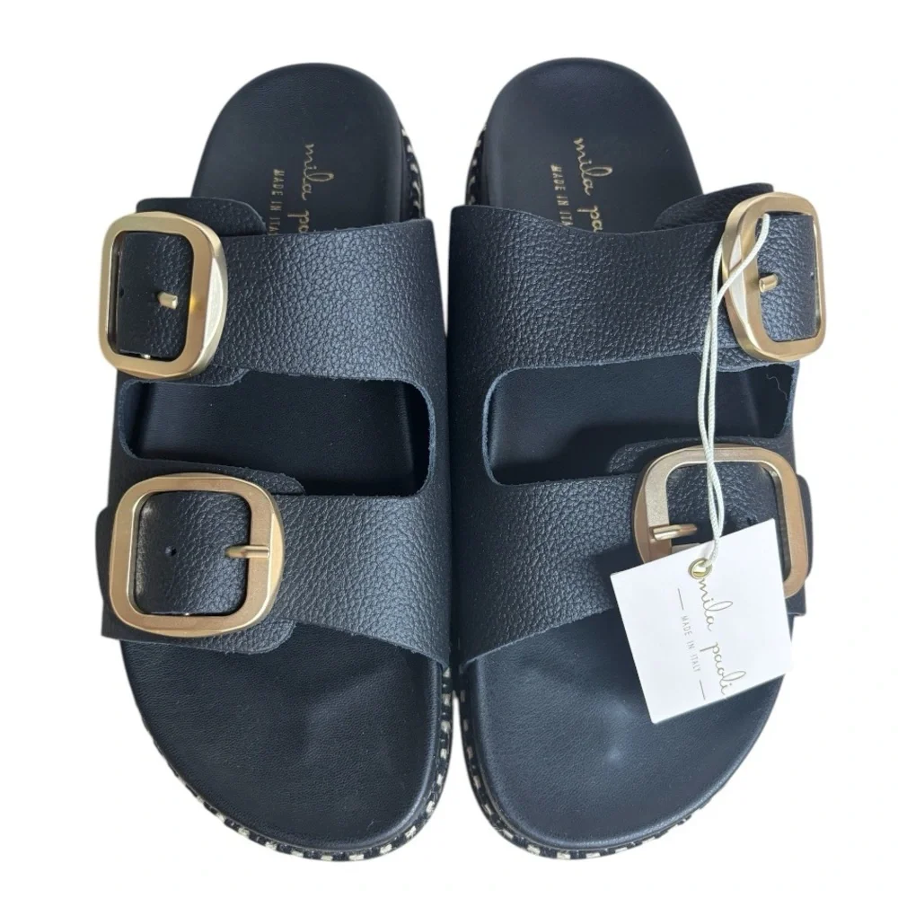 NWT Mila Paoli Black Raffia Slides - Picture 2 of 4